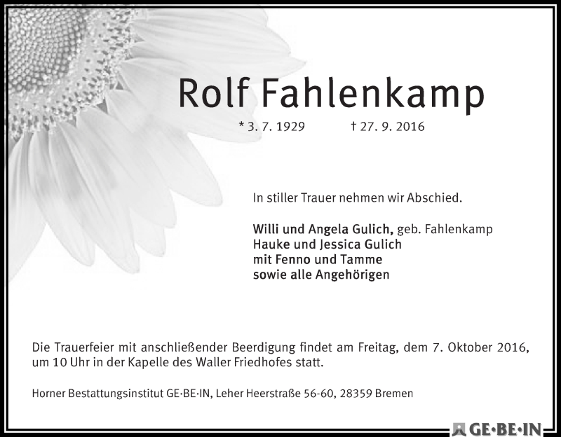 Traueranzeige von Rolf Fahlenkamp von WESER-KURIER
