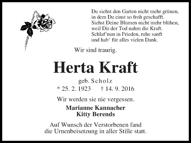 Traueranzeige von Herta Kraft von Gesamtausgabe / Kurier der Woche