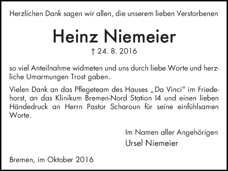 Traueranzeige von Heinz Niemeier von WESER-KURIER