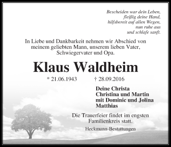 Traueranzeige von Klaus Waldheim