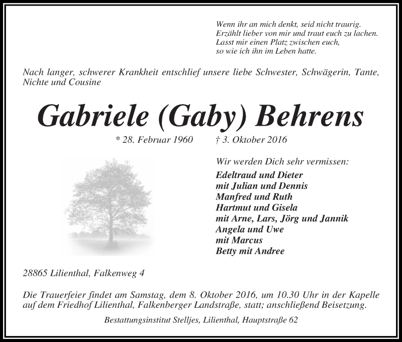  Traueranzeige für Gabriele (Gaby) Behrens vom 06.10.2016 aus Wuemme Zeitung