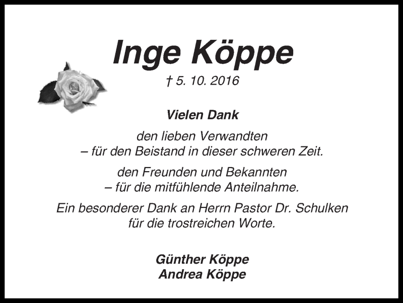 Traueranzeige von Inge Köppe von WESER-KURIER