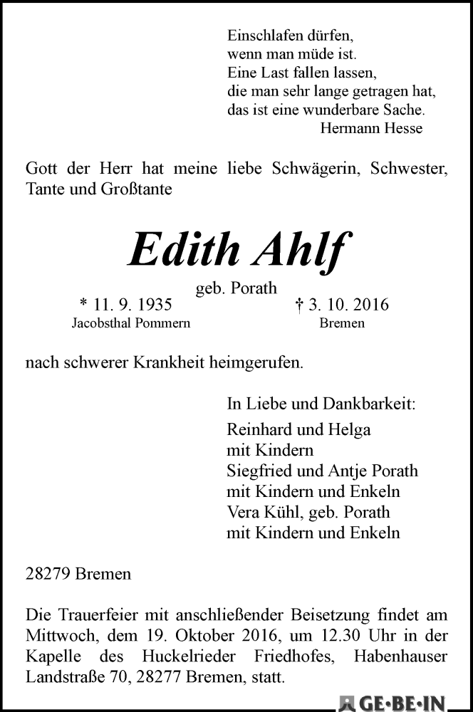 Traueranzeige von Edith Ahlf von WESER-KURIER