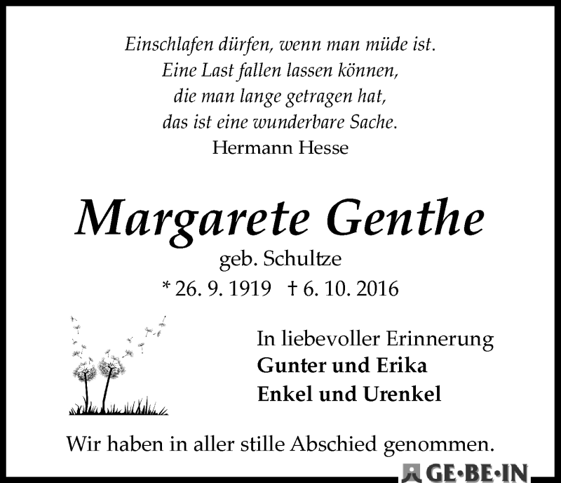 Traueranzeige von Margarete Genthe von WESER-KURIER
