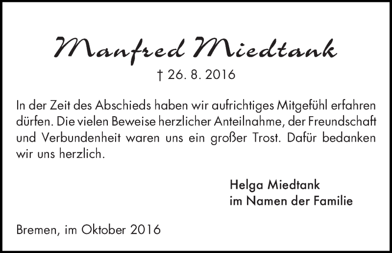 Traueranzeige von Manfred Miedtank von Die Norddeutsche