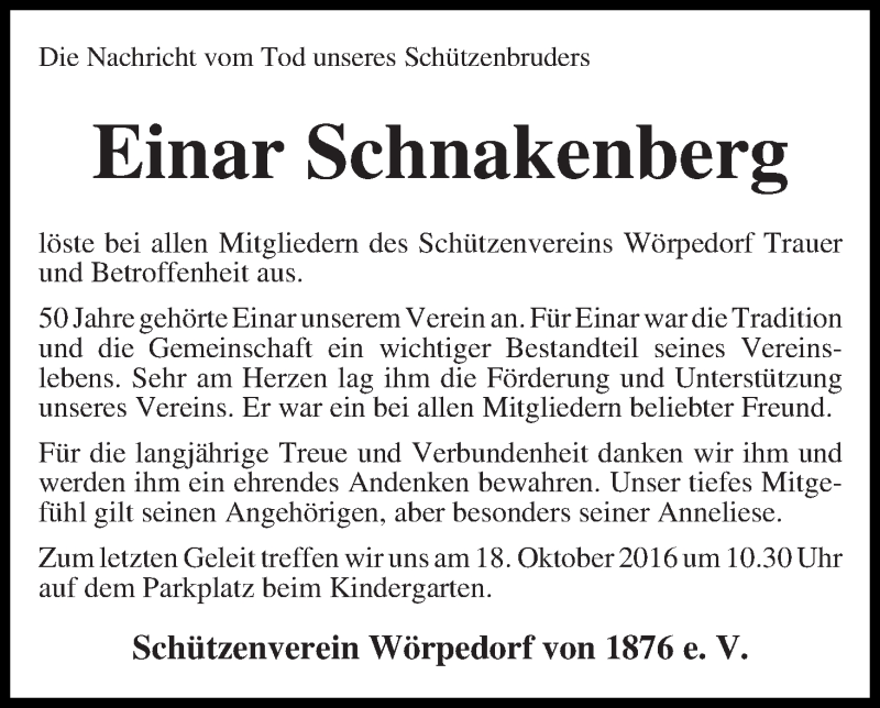 Traueranzeige von Einar Schnakenberg von Wuemme Zeitung