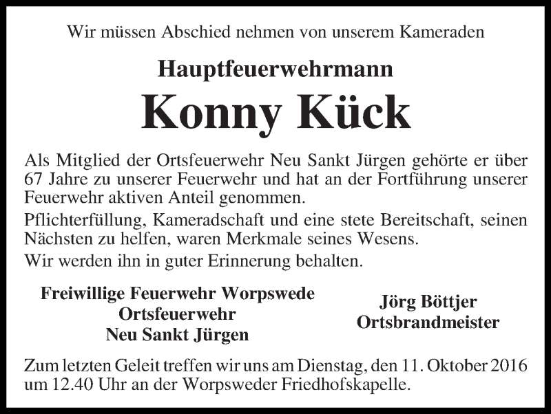 Traueranzeige von Konny Kück von Wuemme Zeitung