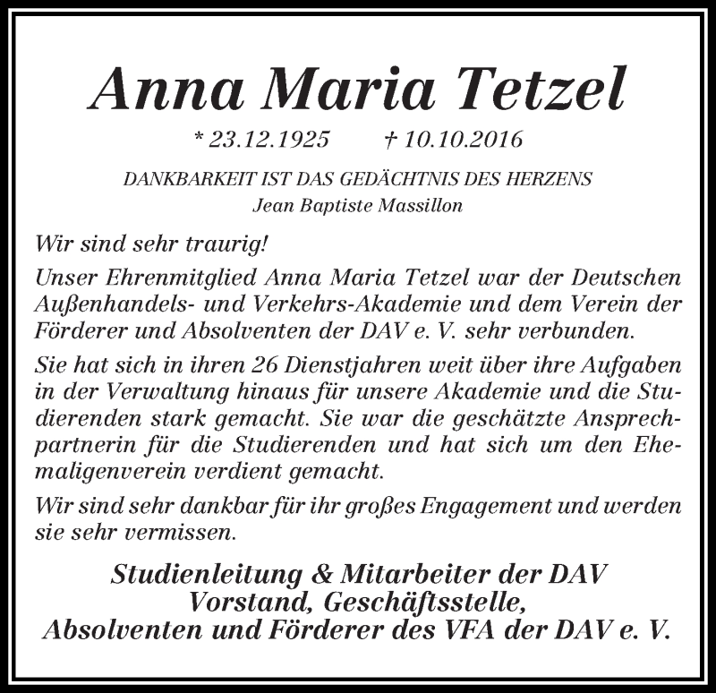 Traueranzeige von Anna Maria Tetzel von WESER-KURIER