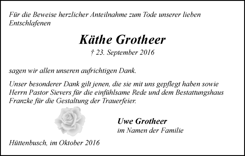  Traueranzeige für Käthe Grotheer vom 22.10.2016 aus Wuemme Zeitung