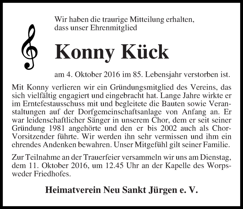 Traueranzeige von Konny Kück von Wuemme Zeitung