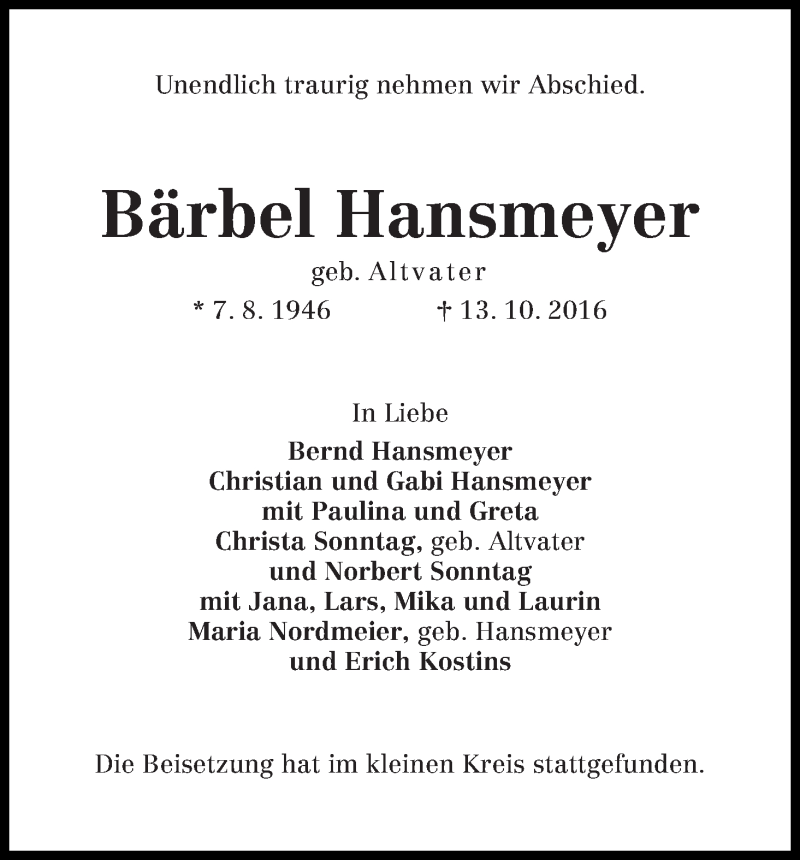 Traueranzeige von Bärbel Hansmeyer von WESER-KURIER