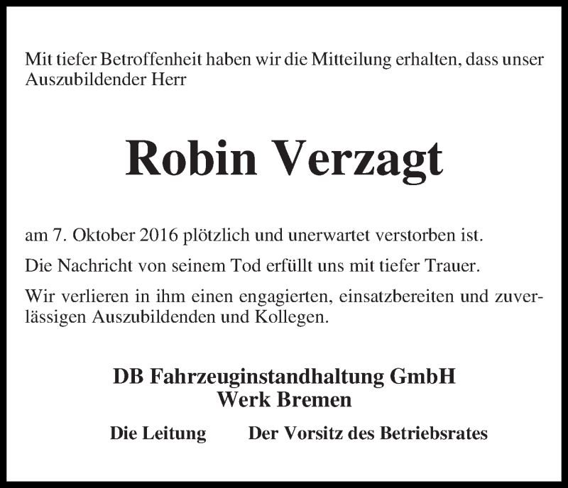  Traueranzeige für Robin Verzagt vom 14.10.2016 aus WESER-KURIER