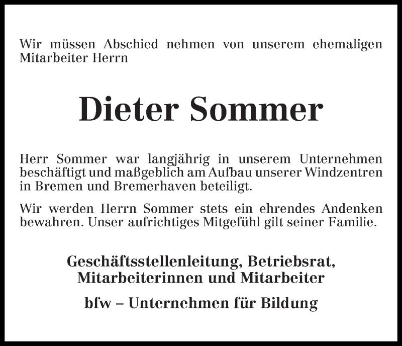 Traueranzeige von Dieter Sommer von Wuemme Zeitung