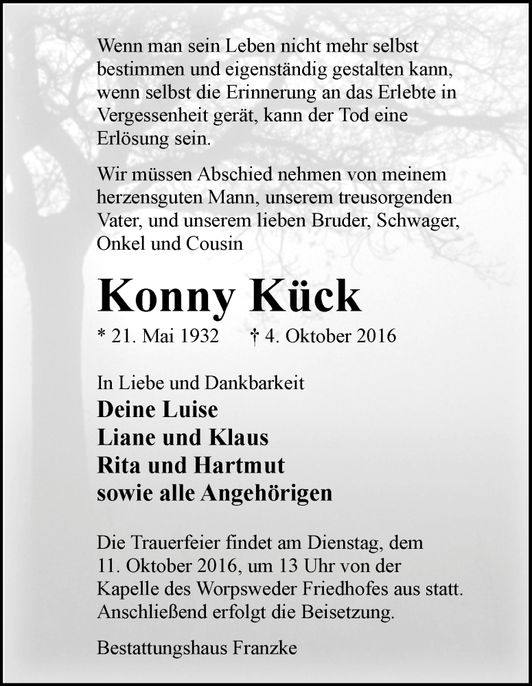 Traueranzeige von Konny Kück von Wuemme Zeitung