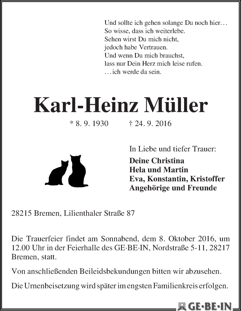  Traueranzeige für Karl-Heinz Müller vom 01.10.2016 aus WESER-KURIER