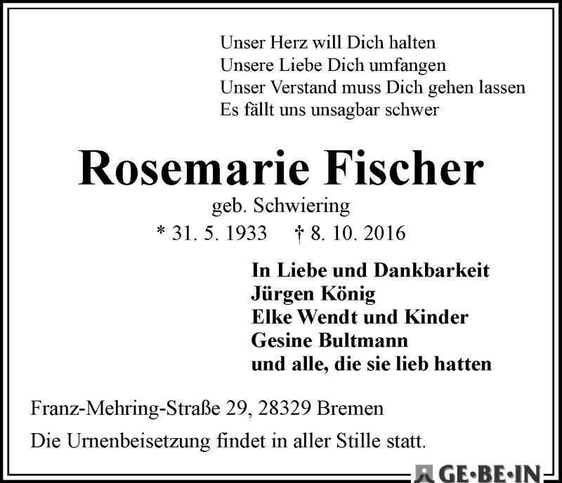 Traueranzeige von Rosemarie Fischer von WESER-KURIER