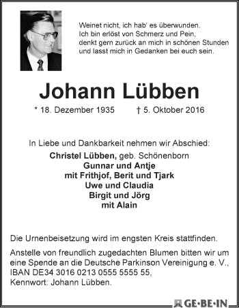 Traueranzeige von Johann Lübben