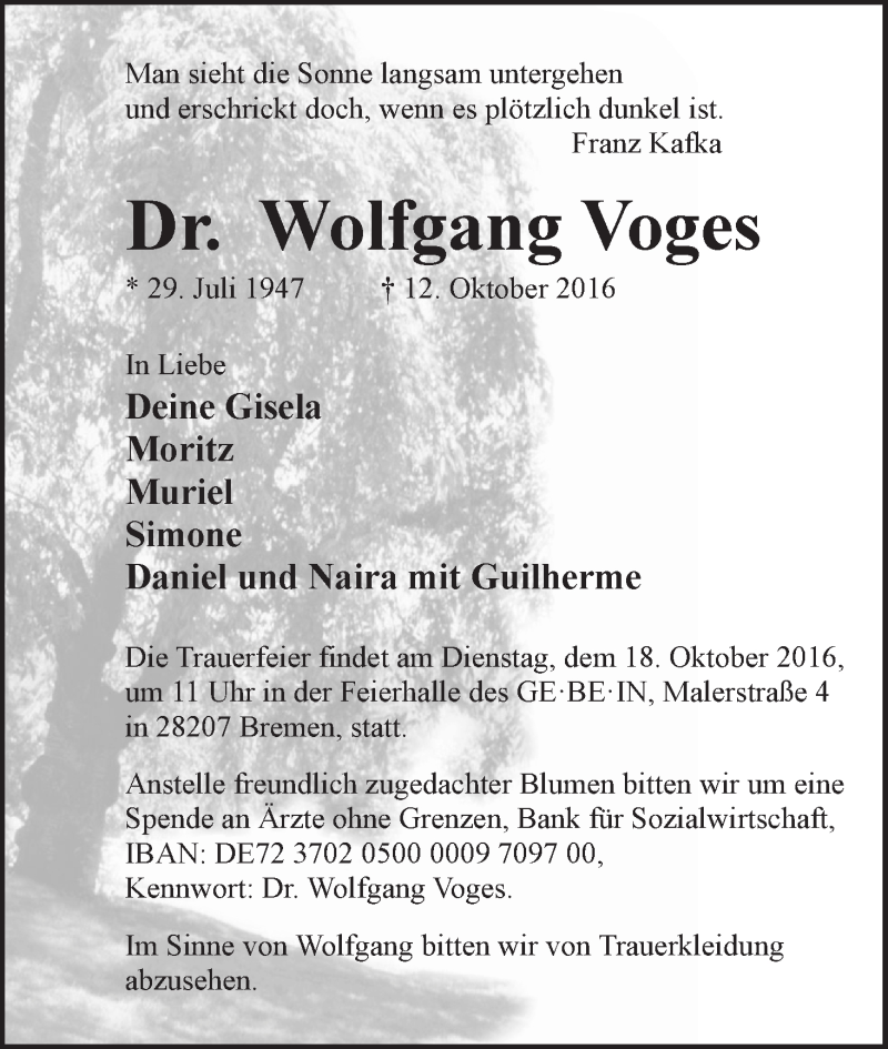 Traueranzeige von Dr. Wolfgang Voges von WESER-KURIER