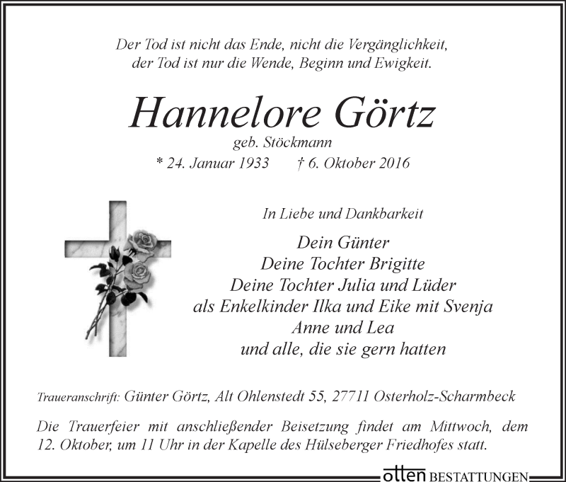  Traueranzeige für Hannelore Görtz vom 08.10.2016 aus Osterholzer Kreisblatt