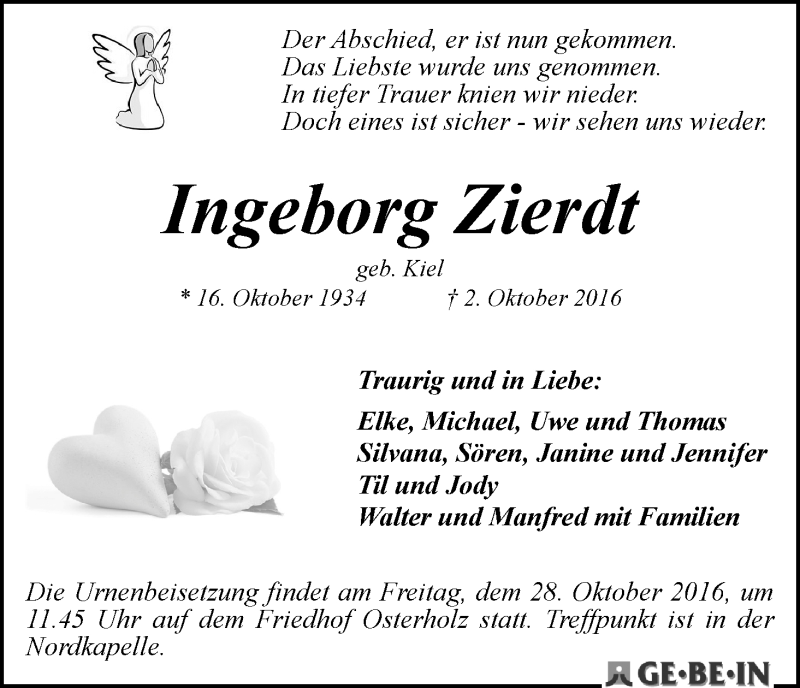 Traueranzeige von Ingeborg Zierdt von WESER-KURIER