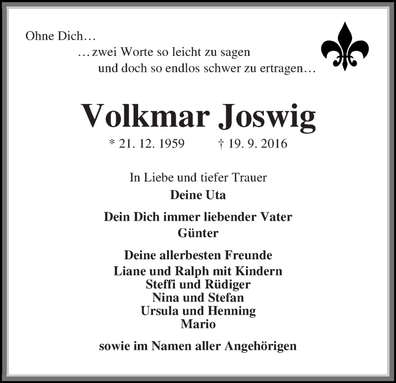  Traueranzeige für Volkmar Joswig vom 01.10.2016 aus WESER-KURIER