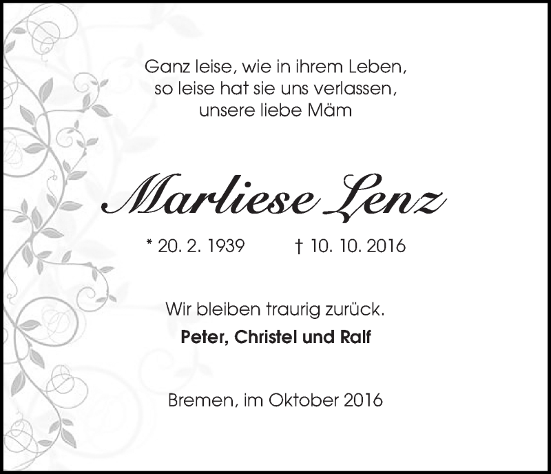 Traueranzeige von Marliese Lenz von WESER-KURIER