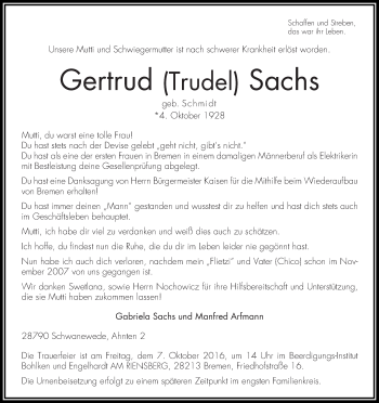 Traueranzeige von Gertrud (Trudel) Sachs