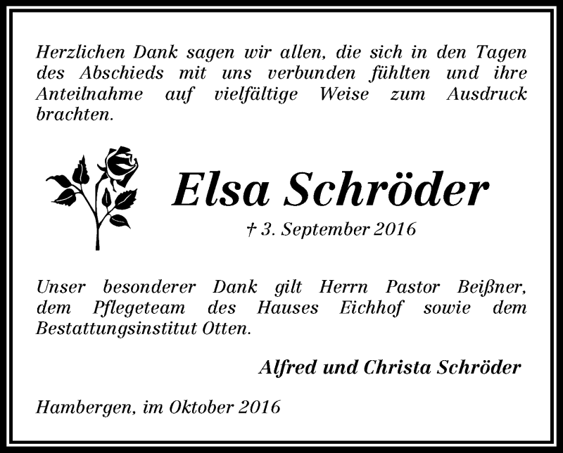 Traueranzeige von Elsa Schröder von Osterholzer Kreisblatt