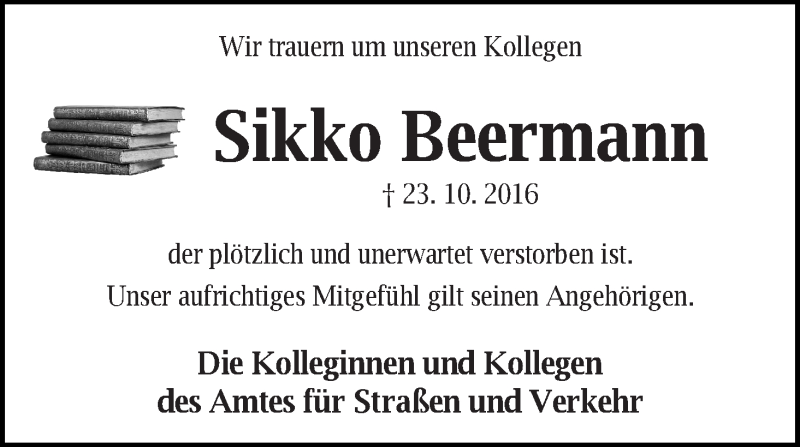  Traueranzeige für Sikko Beermann vom 29.10.2016 aus WESER-KURIER