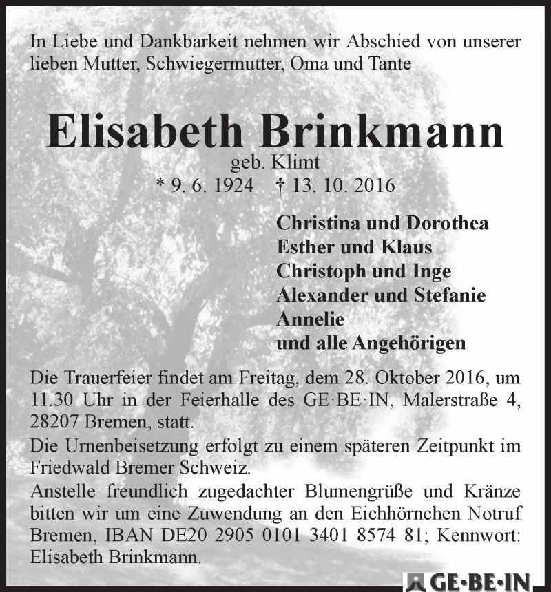 Traueranzeige von Elisabeth Brinkmann von WESER-KURIER