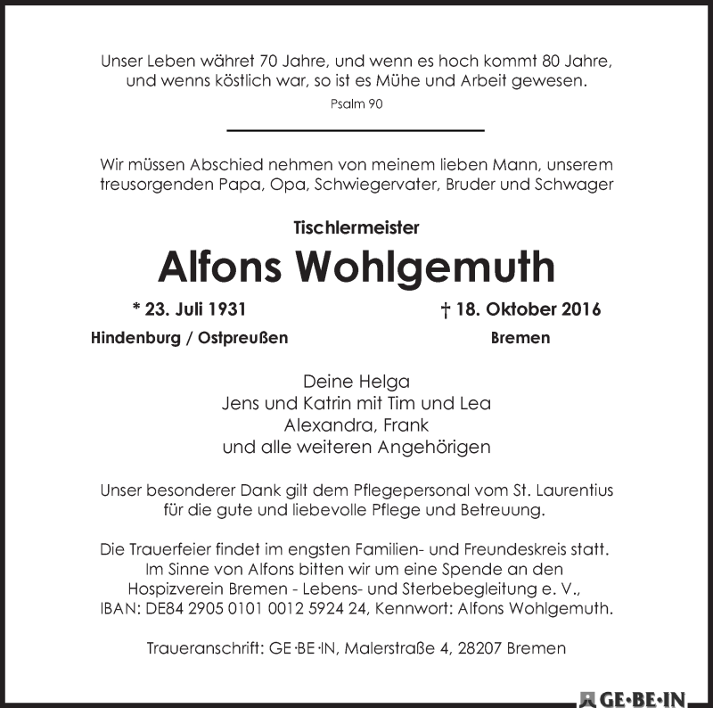 Traueranzeige von Alfons Wohlgemuth von WESER-KURIER