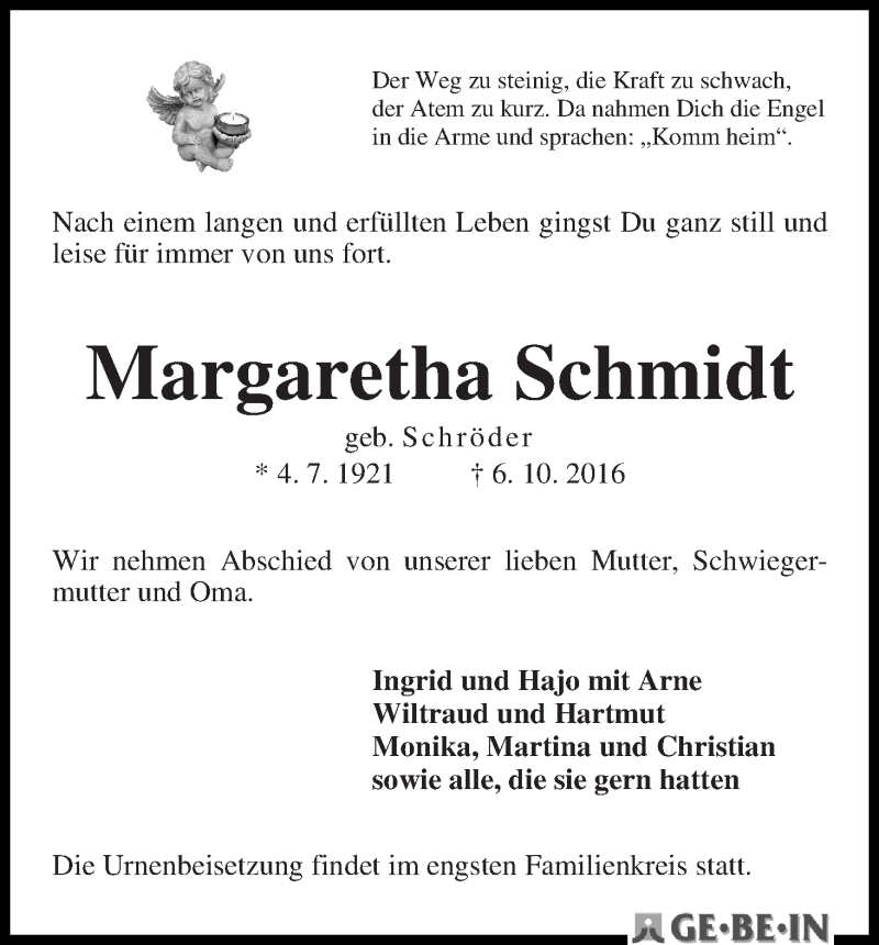 Traueranzeige von Margaretha Schmidt von WESER-KURIER