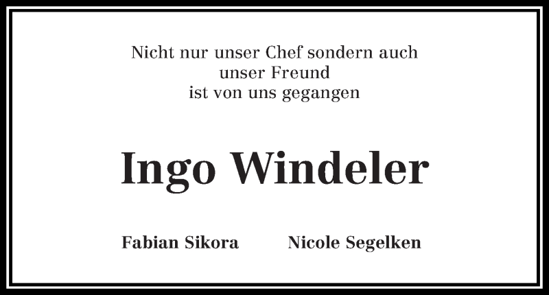  Traueranzeige für Ingo Windeler vom 19.10.2016 aus Wuemme Zeitung
