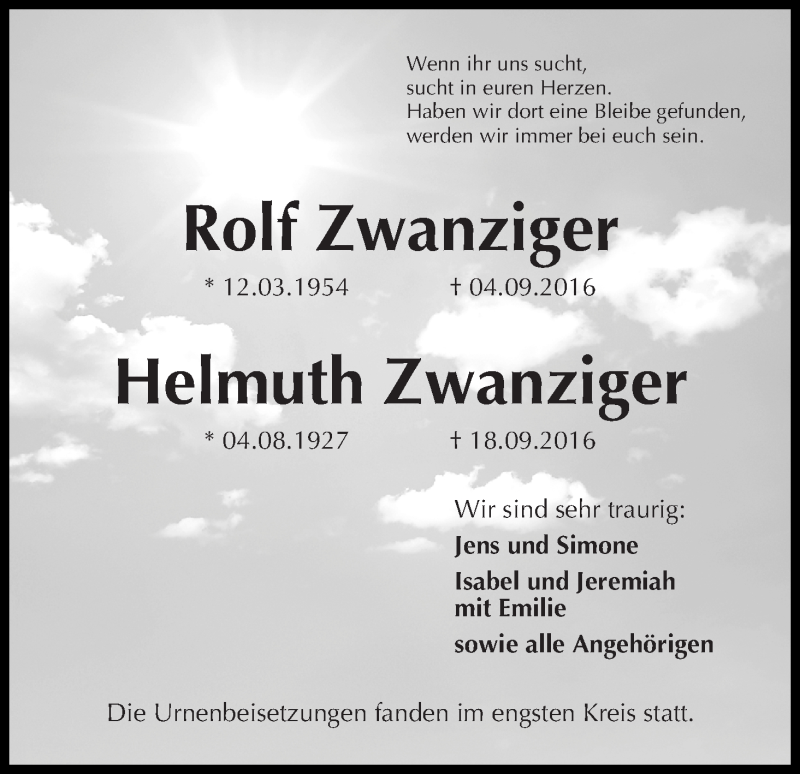 Traueranzeige von Rolf und Helmuth Zwanziger von Die Norddeutsche