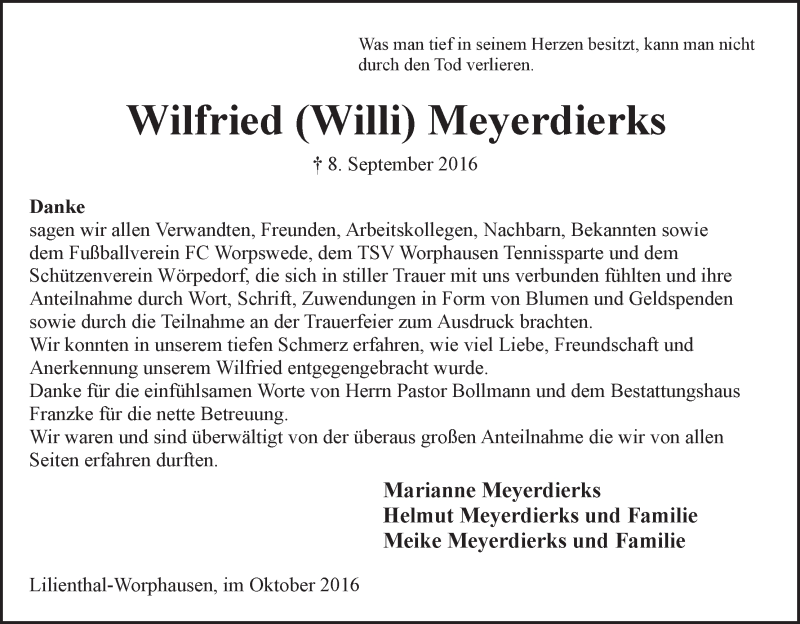 Traueranzeige von Wilfried (Willi) Meyerdierks von Wuemme Zeitung