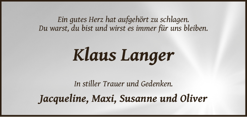  Traueranzeige für Klaus Langer vom 27.10.2016 aus Osterholzer Kreisblatt