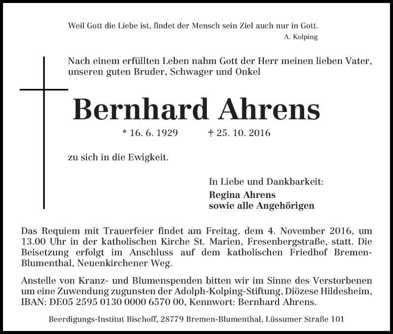 Traueranzeige von Bernhard Ahrens von Die Norddeutsche