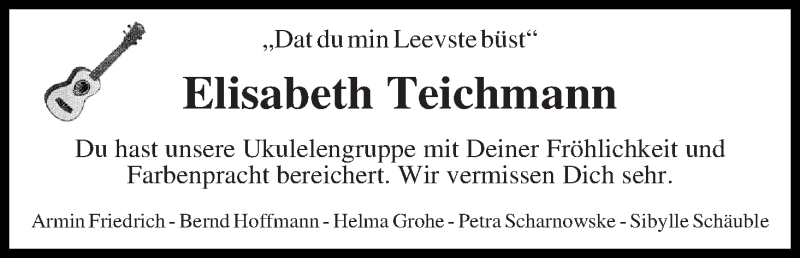  Traueranzeige für Elisabeth Teichmann vom 22.10.2016 aus WESER-KURIER