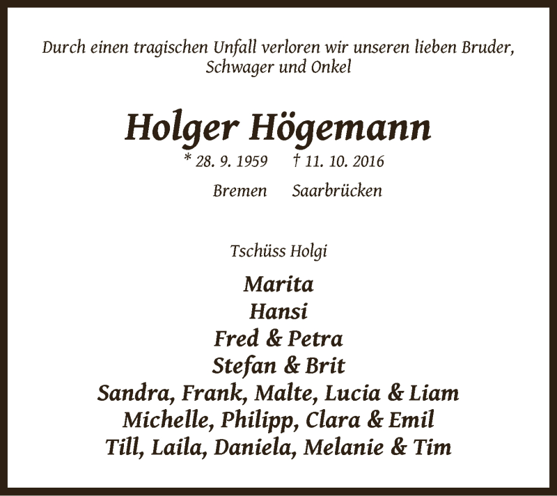 Traueranzeige von Holger Högemann von WESER-KURIER