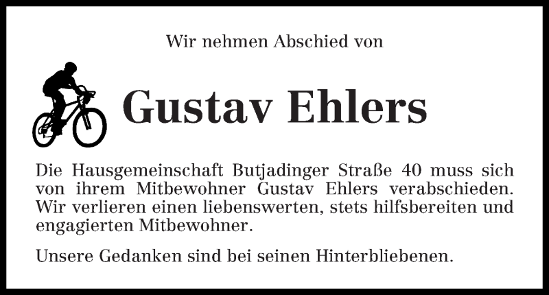 Traueranzeige von Gustav Ehlers von WESER-KURIER