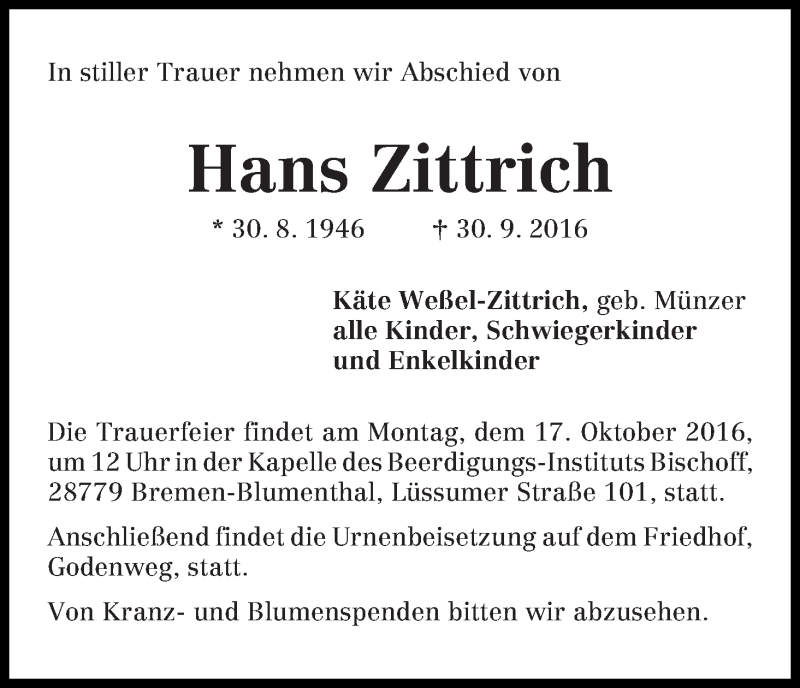 Traueranzeige von Hans Zittrich von Die Norddeutsche