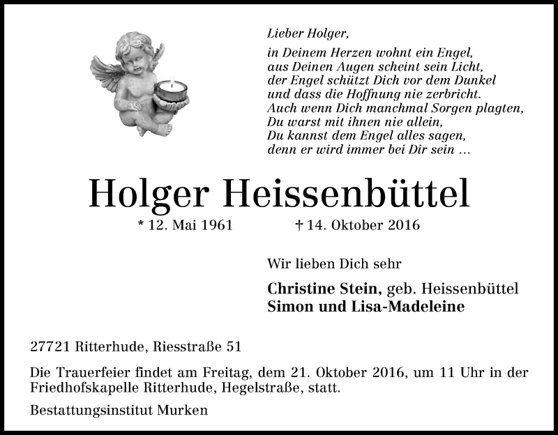  Traueranzeige für Holger Heissenbüttel vom 17.10.2016 aus Osterholzer Kreisblatt