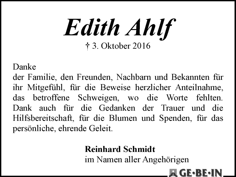Traueranzeige von Edith Ahlf von WESER-KURIER