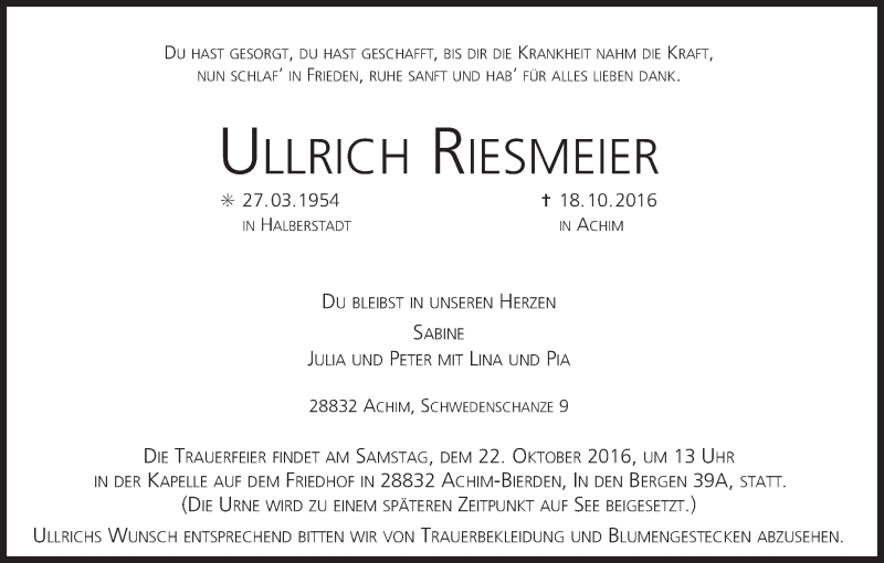  Traueranzeige für Ullrich Riesmeier vom 20.10.2016 aus WESER-KURIER
