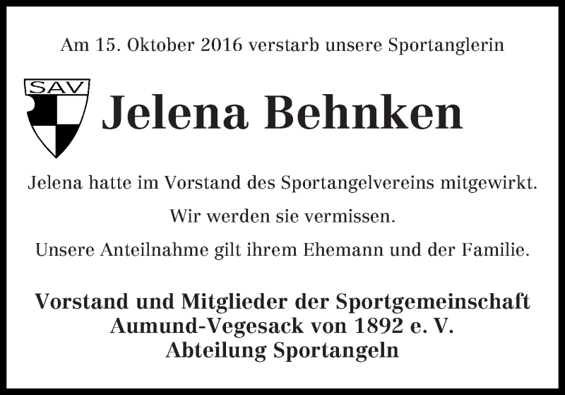  Traueranzeige für Jelena Behnken vom 22.10.2016 aus Die Norddeutsche