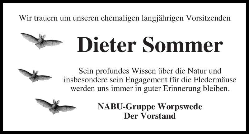 Traueranzeige von Dieter Sommer von Wuemme Zeitung