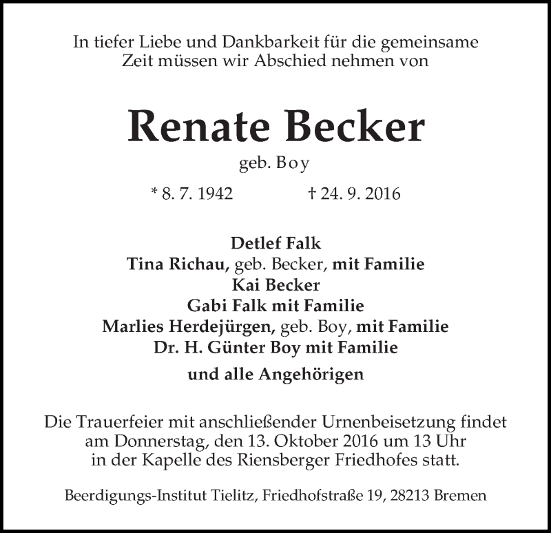 Traueranzeige von Renate Becker von WESER-KURIER