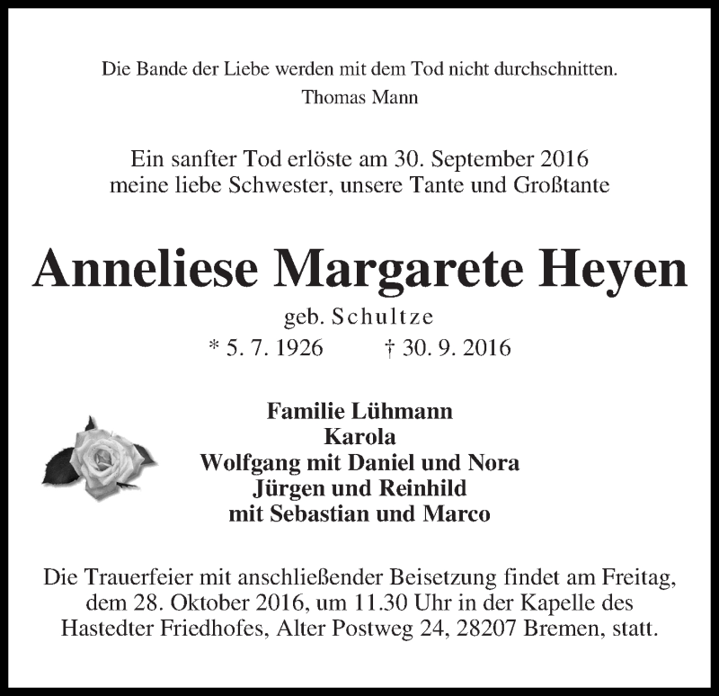 Traueranzeige von Anneliese Margarete Heyen von WESER-KURIER