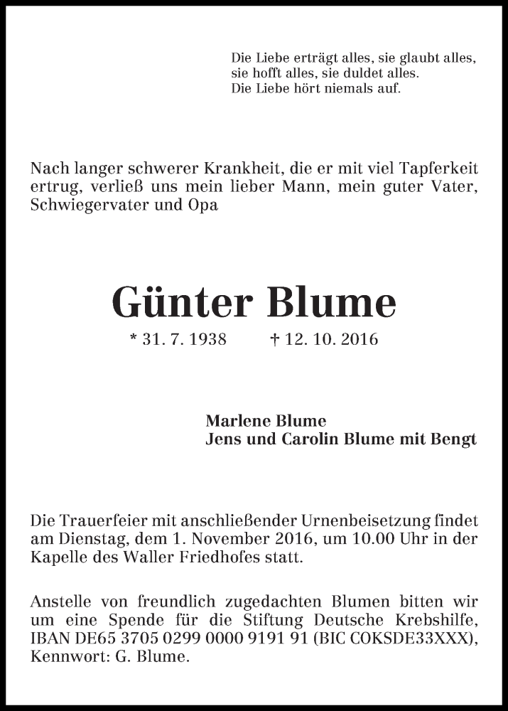 Traueranzeige von Günter Blume von WESER-KURIER