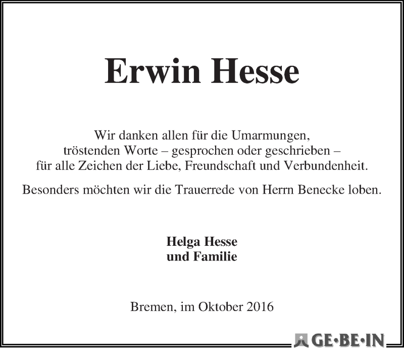 Traueranzeige von Erwin Hesse von WESER-KURIER